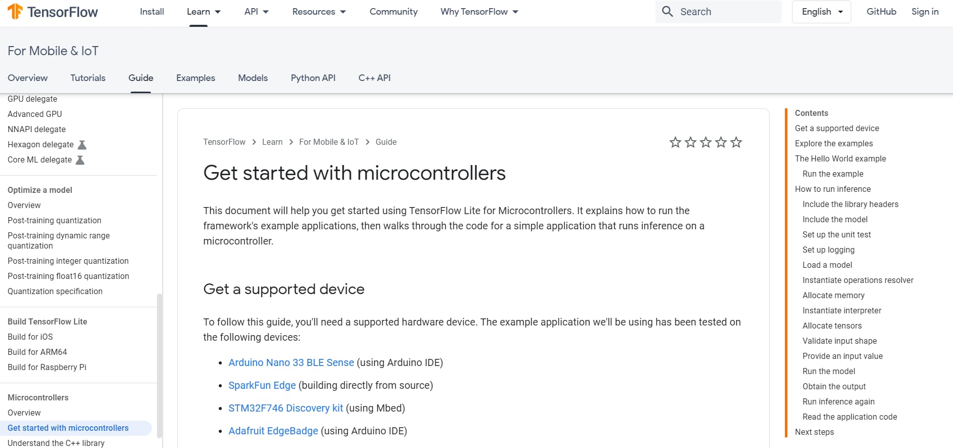 TensorFlow 网站入门指南的屏幕截图