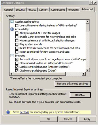 IE Advanced Settings Tab