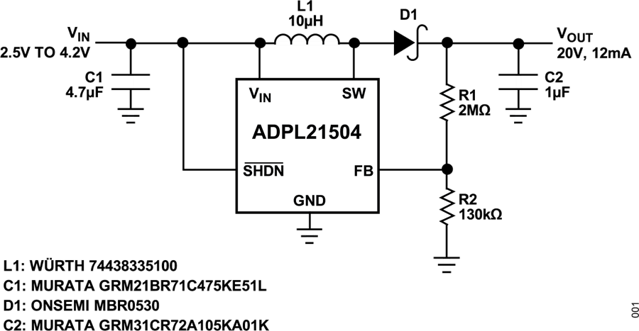 应用电路图 - Analog Devices Inc. ADPL21504微功耗升压直流-直流转换器