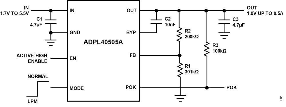 应用电路图 - Analog Devices / Maxim Integrated ADPL40505A低压差 (LDO) 线性稳压器
