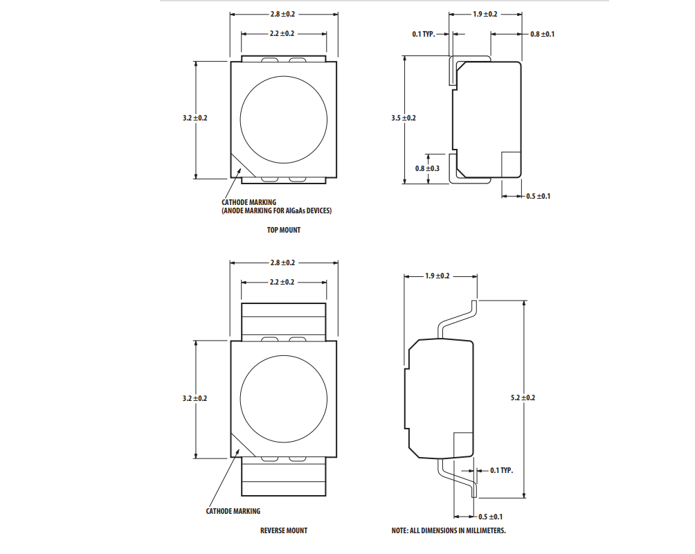 Mechanical Drawing - Broadcom HSMx-A10x Surface Mount LED indicators
