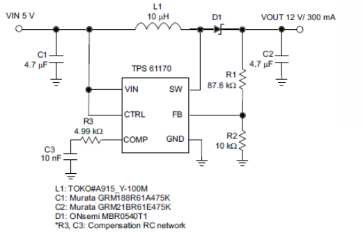 Application Circuit Diagram - Texas Instruments TPS61170-Q1 1.2A High Voltage Boost Converter