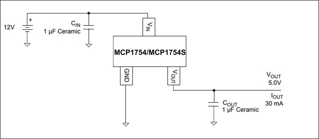 Application Circuit Diagram - Microchip Technology MCP1754 & MCP1754S 150mA, 16V LDOs