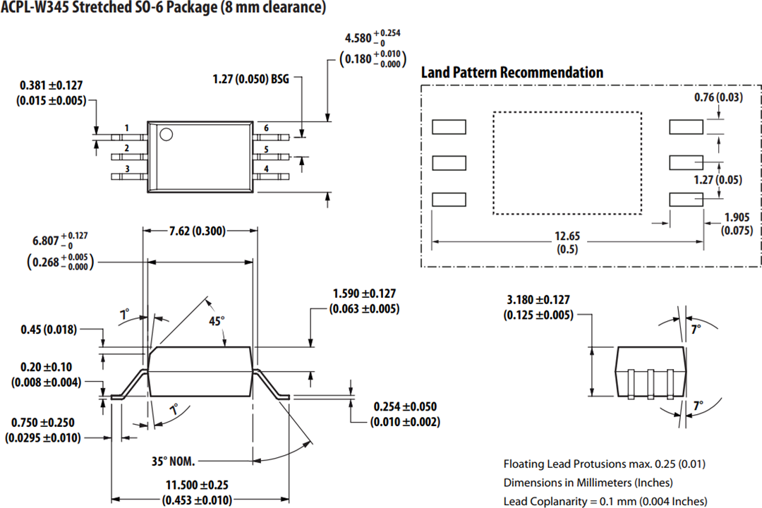 Mechanical Drawing - Broadcom ACPL-x345 SiC MOSFET Gate Drive Optocouplers