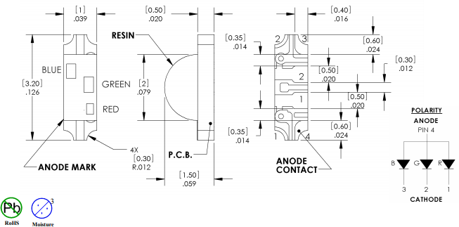 Mechanical Drawing - Optek / TT Electronics OVSRRGBCC3 LEDs