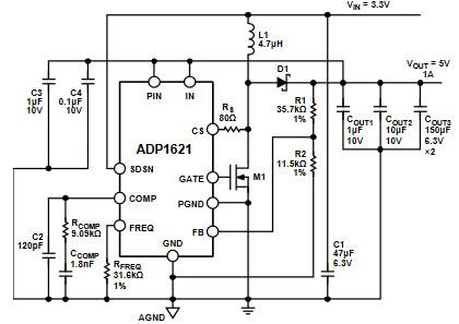 应用电路图 - Analog Devices Inc. ADP1621 直流到直流控制器