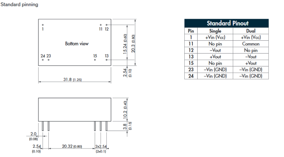 Mechanical Drawing - TRACO Power THM-6 Series 6W DC/DC Converters