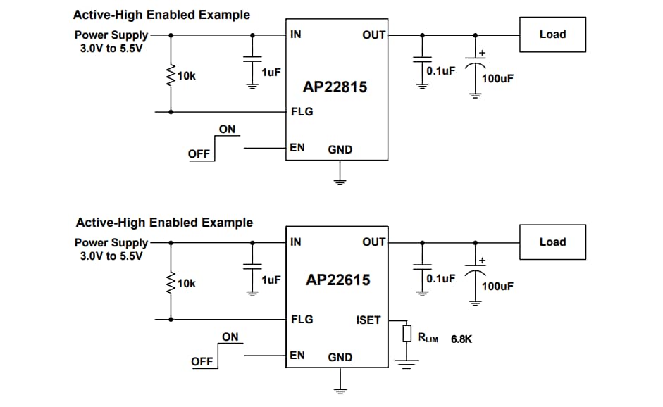 应用电路图 - Diodes Incorporated AP22815/AP22615配电开关