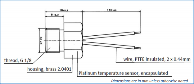 Mechanical Drawing - YAGEO Nexensos Threaded Platinum RTD Temperature Sensors
