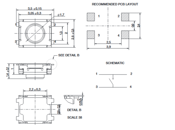 Mechanical Drawing - C&K Switches PTS 830 Top Actuated Microminiature SMT Switches