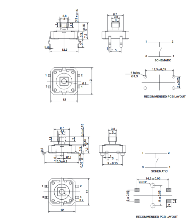 Mechanical Drawing - C&K Switches PTS 125 Series 12mm Tact Switches