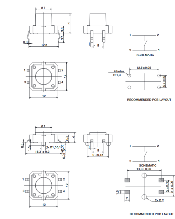 Mechanical Drawing - C&K Switches PTS 125 Series 12mm Tact Switches