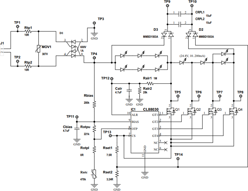 应用电路图 - Microchip Technology ADM00860 230VAC LED驱动器评估板