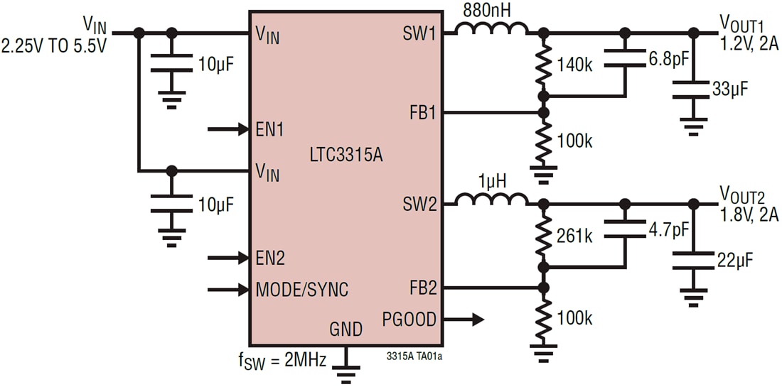应用电路图 - Analog Devices Inc. LTC3315A和LTC3315B降压转换器 应用电路图 - Analog Devices Inc. LTC3315A和LTC3315B降压转换器