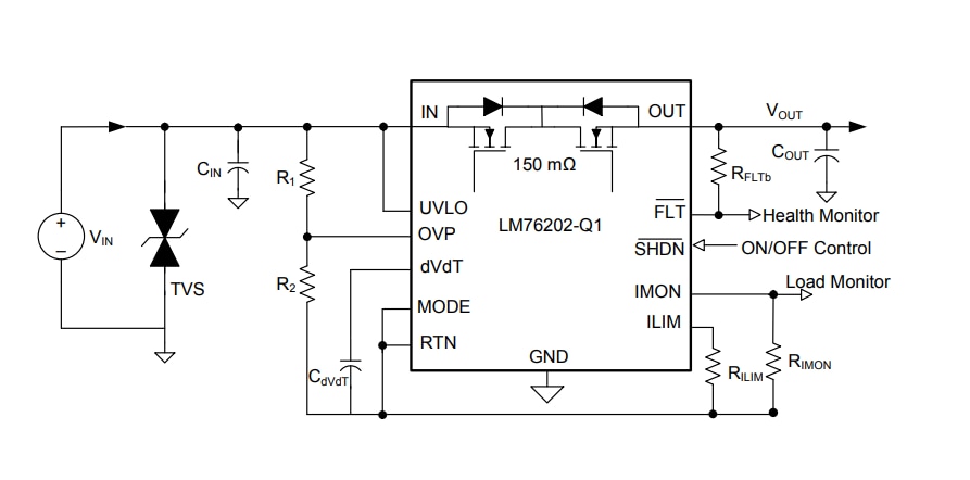 原理图 - Texas Instruments LM76202-Q1带集成FET的理想二极管