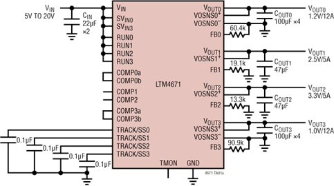 应用电路图 - Analog Devices Inc. LTM4671四通道直流/直流µModule稳压器