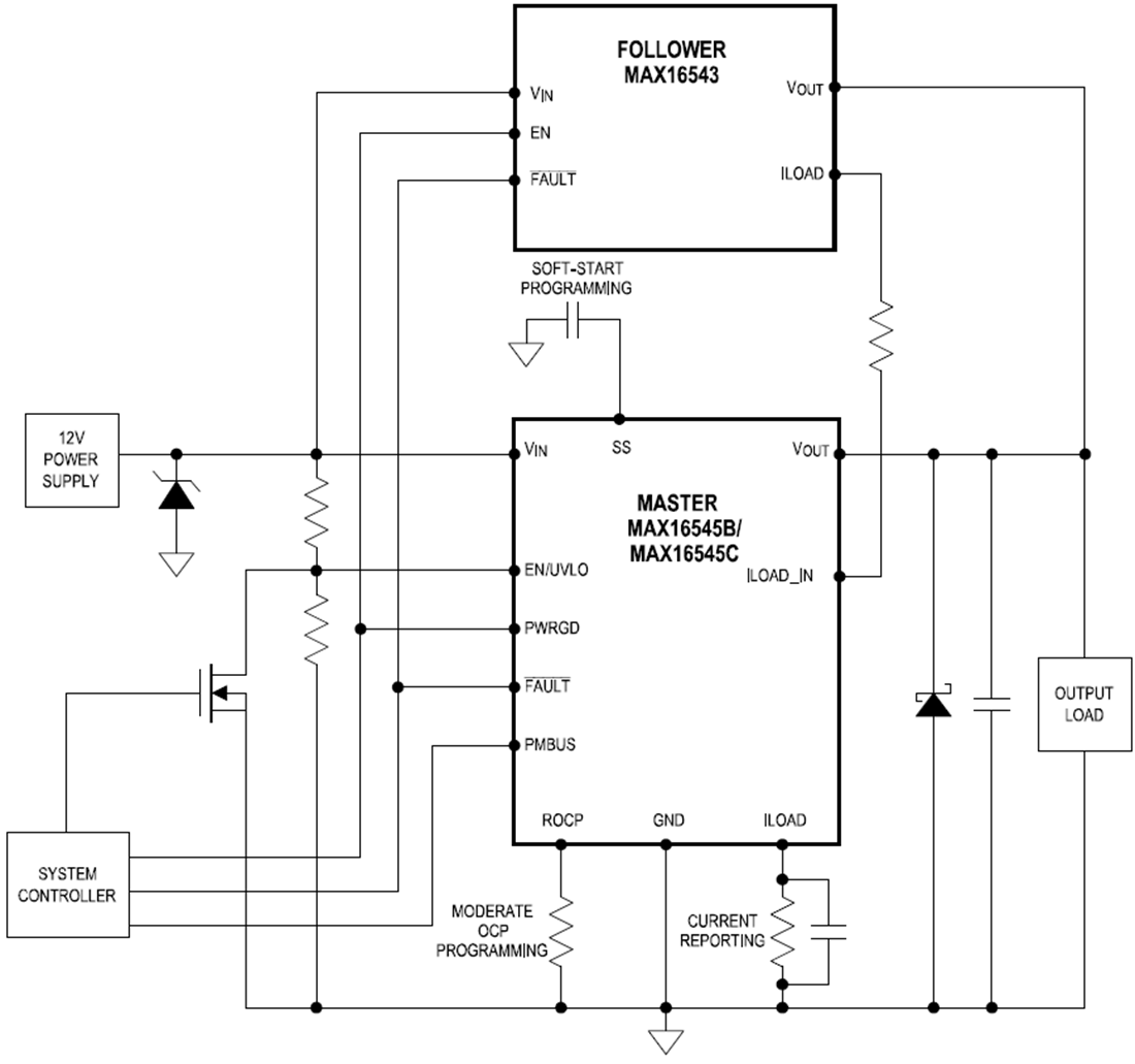 应用电路图 - Analog Devices / Maxim Integrated MAX16543集成跟随器保护IC