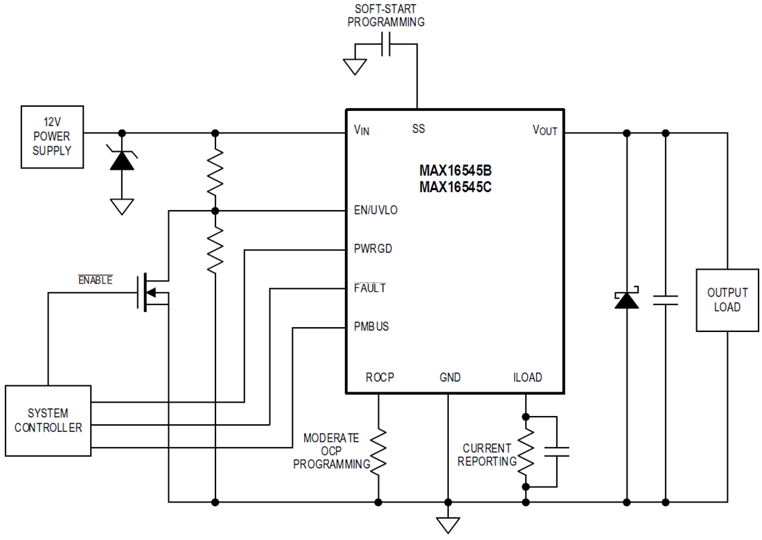 应用电路图 - Analog Devices / Maxim Integrated MAX16545B/MAX16545C断路器保护IC