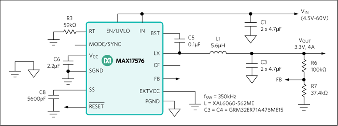 应用电路图 - Analog Devices / Maxim Integrated MAX17576同步降压直流-直流转换器
