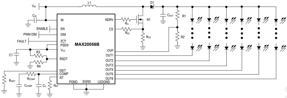 原理图 - Analog Devices / Maxim Integrated MAX20056B 6通道高亮度LED驱动器