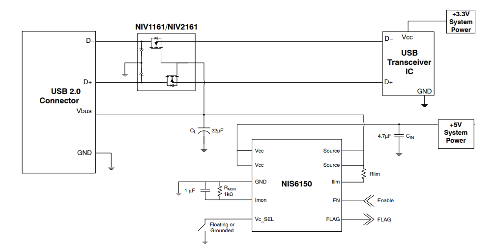 应用电路图 - onsemi NIS6150/NIV6150 +5V电子保险丝