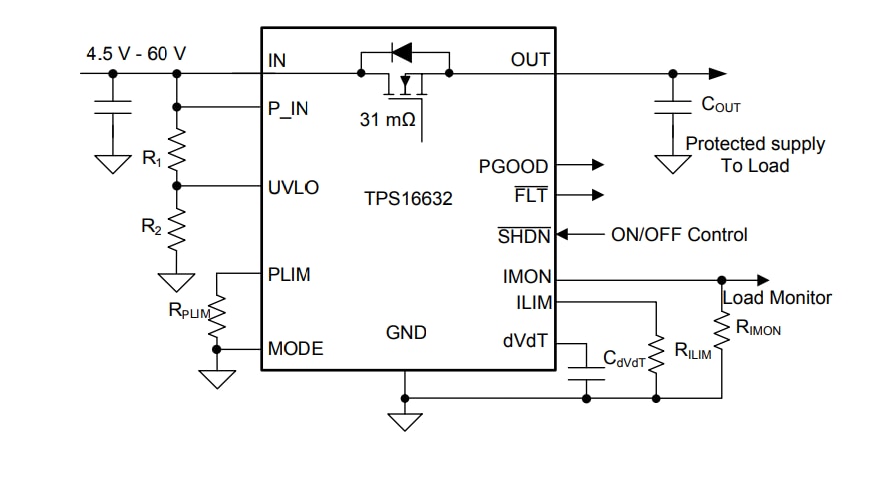 原理图 - Texas Instruments TPS1663x 60V、6A功率限制电子保险丝