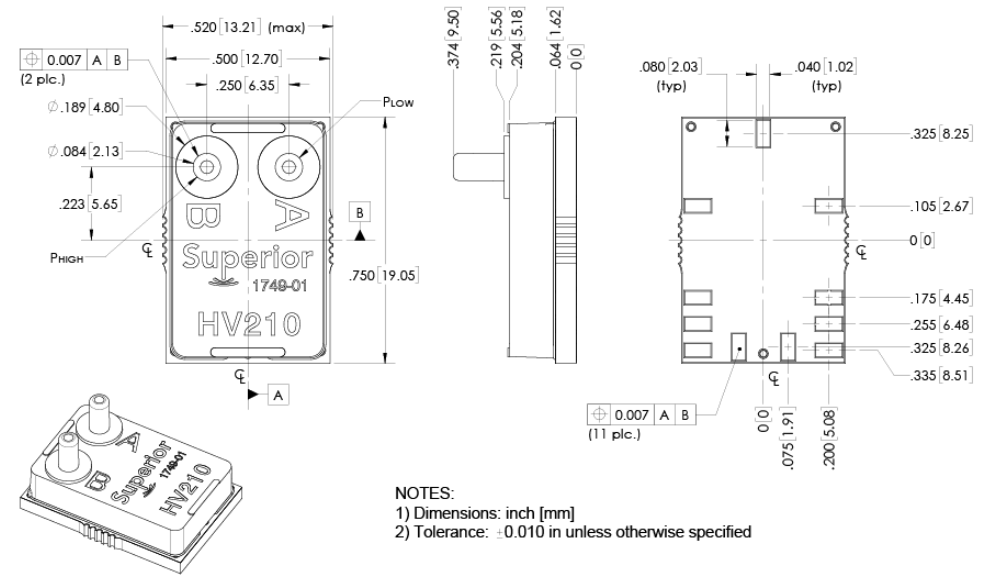 Mechanical Drawing - Superior Sensor Technology HV120 Differential Low Pressure Sensors