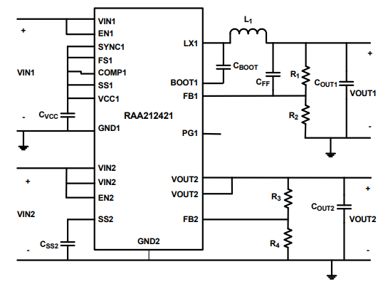 应用电路图 - Renesas Electronics RAA212421同步降压稳压器