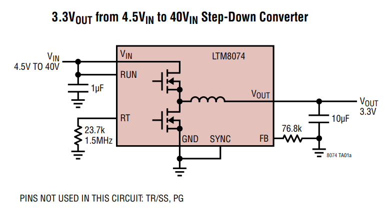 应用电路图 - Analog Devices Inc. LTM8074 40VIN Silent Switcher µModule稳压器