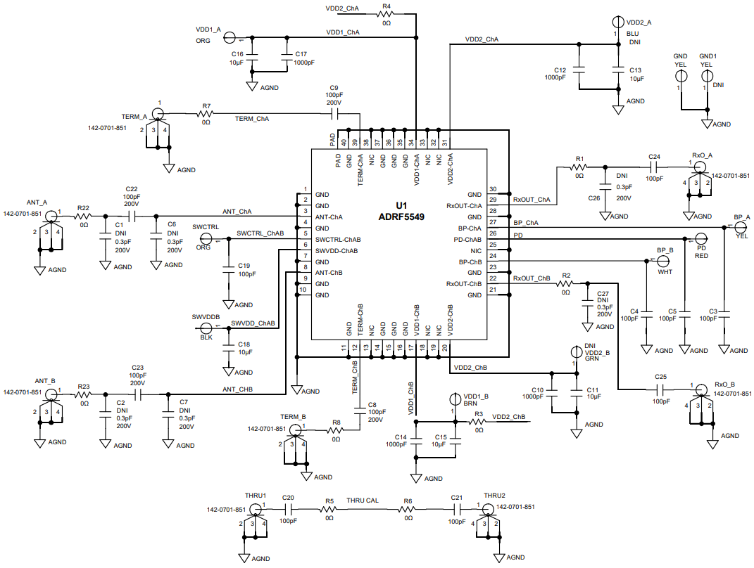 应用电路图 - Analog Devices Inc. ADRF5549双通道射频FEM