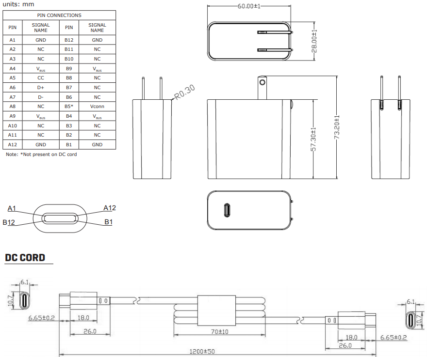 机械图纸 - CUI Inc 带USB Type-C连接器的SWC45-N 45W适配器
