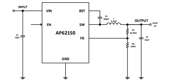 应用电路图 - Diodes Incorporated AP62150同步降压转换器