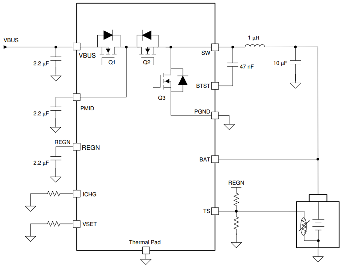 应用电路图 - Texas Instruments bq25302单节降压电池充电器