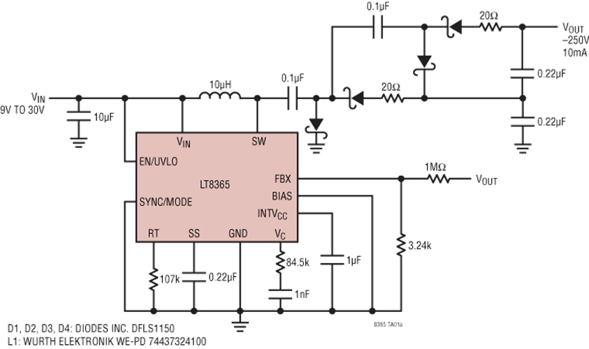 应用电路图 - Analog Devices Inc. LT8365低IQ升压/SEPIC/反相转换器