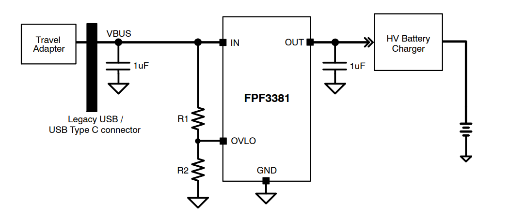 应用电路图 - onsemi FPF3381过压保护负载开关