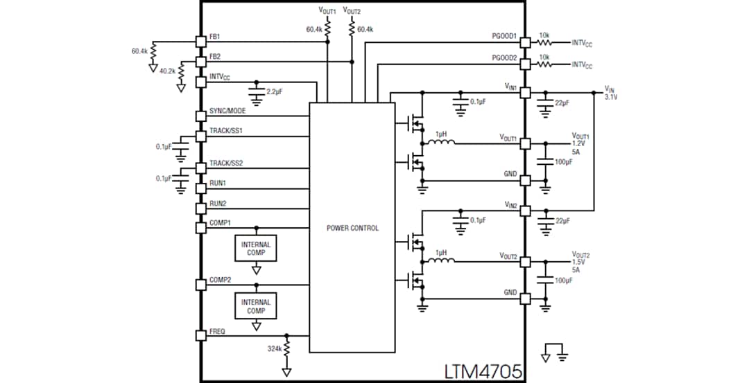 框图 - Analog Devices Inc. LTM4705 DC-DC μModule®稳压器 框图 - Analog Devices Inc. LTM4705 DC-DC μModule®稳压器