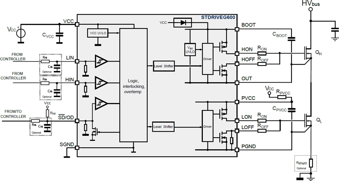 应用电路图 - STMicroelectronics STDRIVEG600半桥栅极驱动器