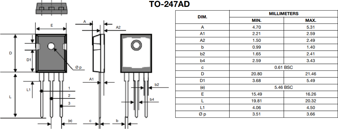 机械图纸 - Vishay / Siliconix SQW61N65EF汽车级E系列功率MOSFET