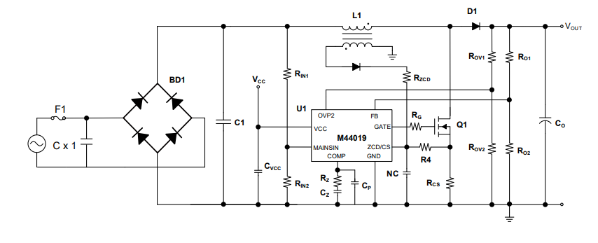 应用电路图 - Monolithic Power Systems (MPS) MP44019 CrM/DCM多模式PFC控制器