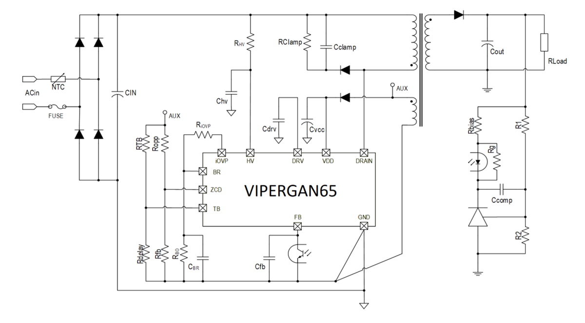 应用电路图 - STMicroelectronics VIPERGAN65高压转换器