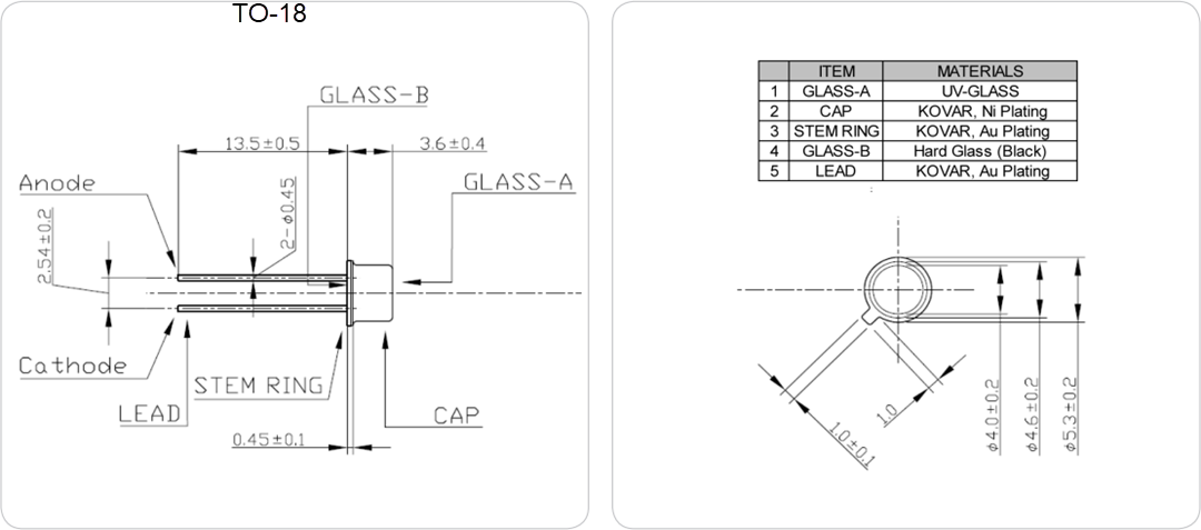 Mechanical Drawing - Marktech Optoelectronics Metal Can UV-A & UV-B Emitters