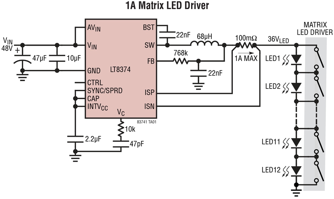 应用电路图 - Analog Devices Inc. LT8374同步降压LED驱动器 应用电路图 - Analog Devices Inc. LT8374同步降压LED驱动器