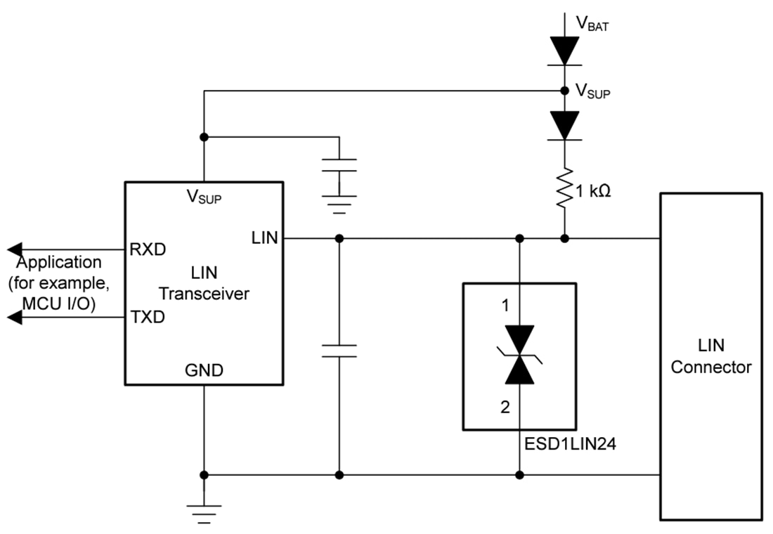 应用电路图 - Texas Instruments ESD1LIN24/ESD1LIN24-Q1 ESD保护二极管