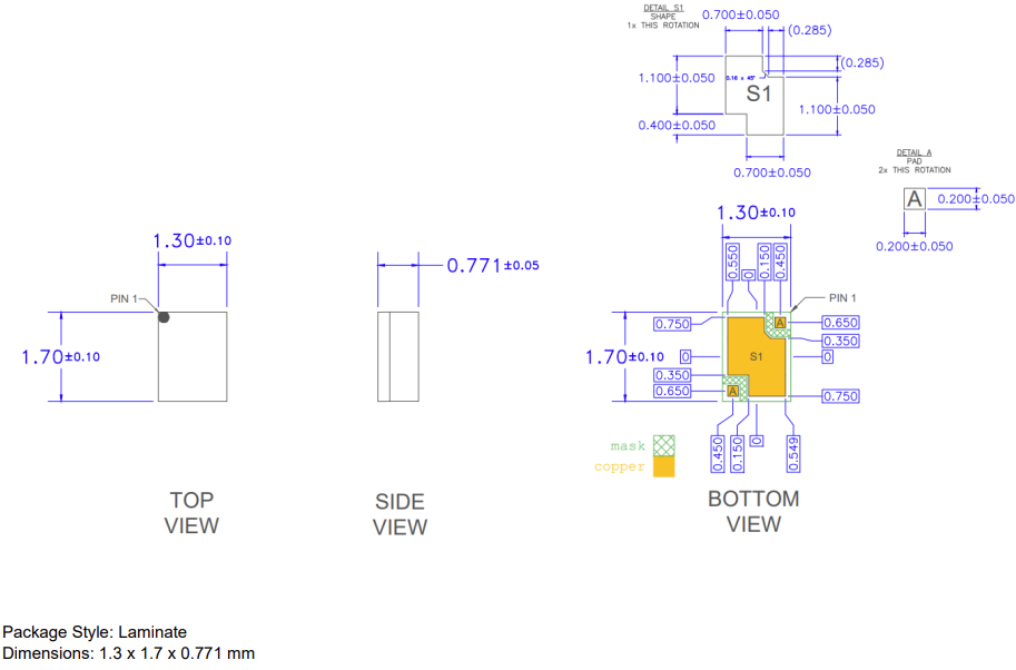 机械图纸 - Qorvo QPQ5601 Wi-Fi® U-NII 5至8 bandBoost™滤波器