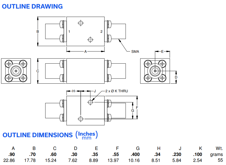 Mechanical Drawing - Mini-Circuits ZLSS Suspended Substrate Low Pass Filters