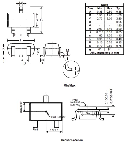 机械图纸 - Diodes Incorporated AH49FQ霍尔效应传感器