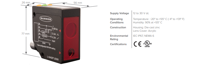 Banner Engineering L-GAGE® LE250/550 Analog-Discrete Laser Sensors