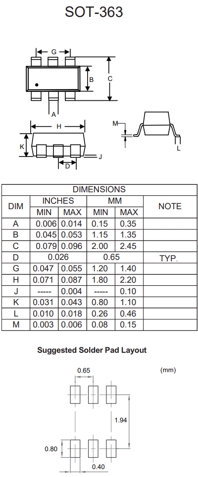 Mechanical Drawing - Micro Commercial Components (MCC) MMDT5401HE3 Dual PNP Transistor