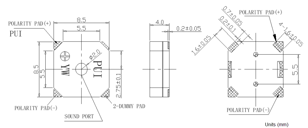Mechanical Drawing - PUI Audio SMT-0840-T Surface-Mount Transducer