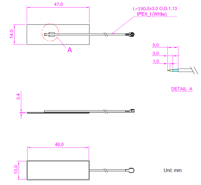 Mechanical Drawing - Abracon AFB4714A-0190S Tri-Band Wi-Fi6E Antenna